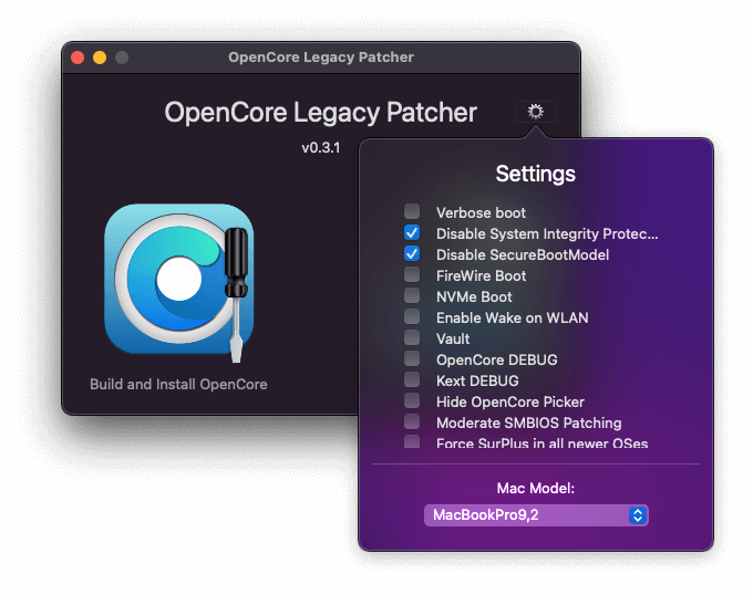 OpenCore Legacy Patcher v0.3.1のGUI版、設定画面