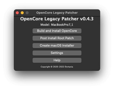 OpenCore Legacy Patcher 0.4.3 GUI版のメインメニュー