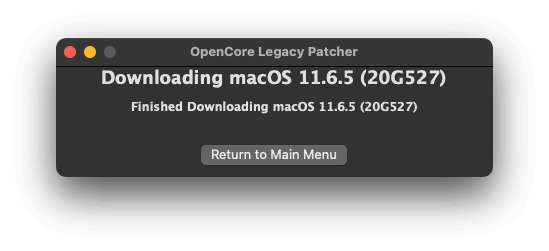ダウンロードが完了したことを知らせるウィンドウ (Finished Downloading macOS 11.x.y (ビルド番号))